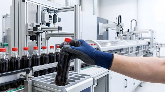 Worker Hand in Blue Glove Holding Soda Bottle on Factory Production Line