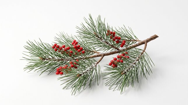 A festive evergreen branch with red berries isolated on a white background for christmas holiday design projects