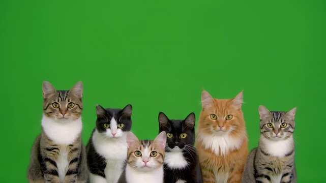Group of domestic cats in a line on a green screen with cinematic motion