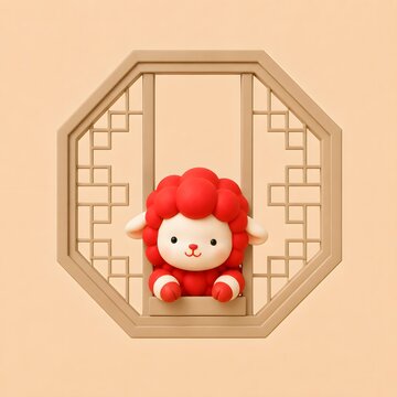 전통 창호 안에 앉아 있는 붉은 양 Generating AI