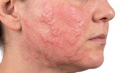 Naklejka premium Woman Face with Severe Allergic Urticaria Swelling and Red Hives on Cheek Dermatology Reaction