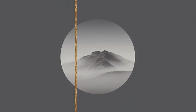 Misty mountain peak centered in translucent circle frame bisected by vertical textured gold foil stripe on dark gray background