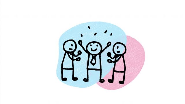 An animated hand drawn team of businessmen celebrating with confetti falling around. Ideal for team success, victory party, goal reward, and milestone achievement