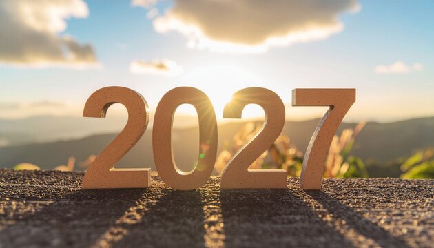 Year 2027 large cork textured wooden block numbers standing on graveled rocky surface at warm golden sunset with mountain landscape and blue sky