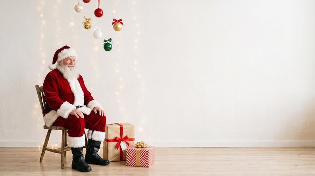Happy santa claus sitting on a wooden chair with christmas presents in a bright white room background