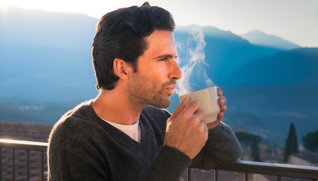 Dark-haired man in charcoal knit sweater sipping steaming hot coffee on iron-railed balcony with layered blue mountain vista