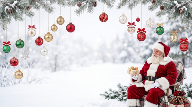 Santa claus sitting in a snowy winter wonderland decorated with colorful hanging christmas ornaments and festive lights
