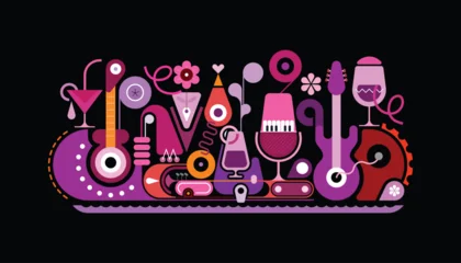 Fototapete Abstraktion Kunst Music And Cocktails vector illustration. Modern flat design with musical instruments, flowers and cocktails isolated on a black background.  ©  danjazzia