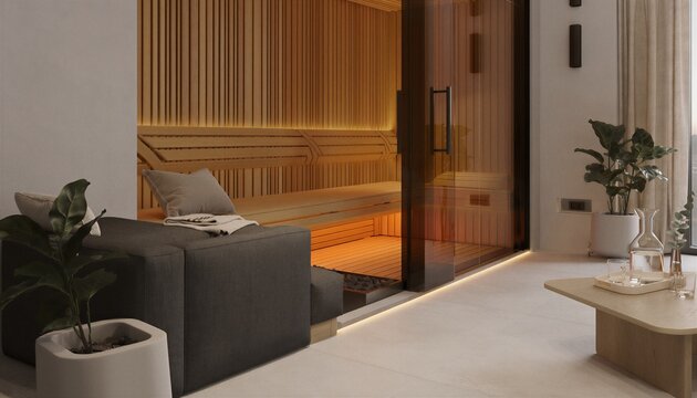 Modern home sauna with warm amber lighting and wood slat walls