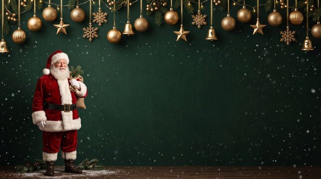 Santa claus standing next to a dark green chalkboard decorated with festive christmas ornaments and baubles