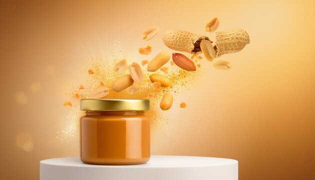 Peanut butter jar with gold lid on white pedestal surrounded by exploding peanuts and golden dust on warm amber background