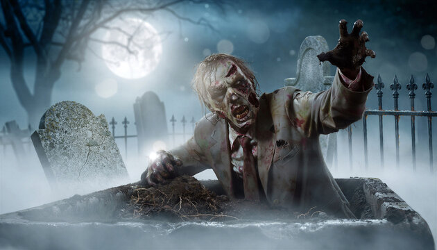 Decaying zombie in torn suit rising from muddy grave in foggy moonlit cemetery reaching rotting clawed hand toward viewer at night