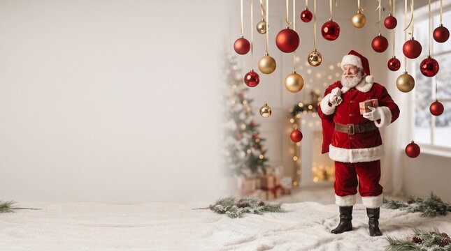 Cheerful santa claus standing in a festive room decorated with hanging red and gold christmas baubles ornaments