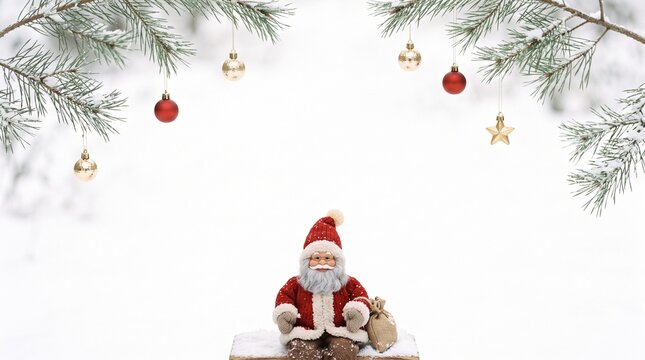 A festive santa claus sitting in a snowy winter landscape with hanging red ornaments for christmas background