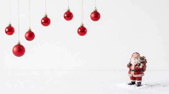 A small santa claus figurine standing under hanging red christmas ornaments against a clean white background
