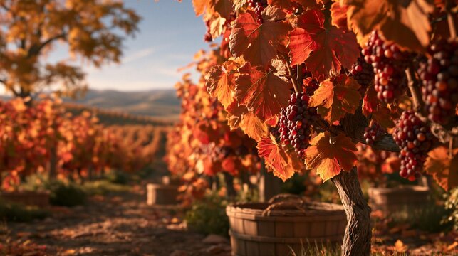 Autumn Vineyard Rows With Red Grape Clusters and Fiery Orange Leaves i