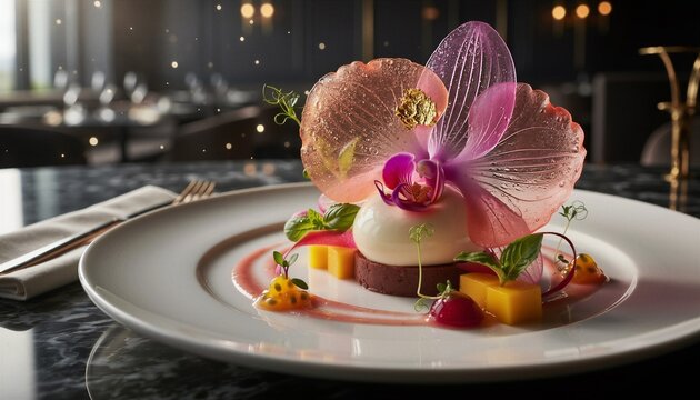 Luxury Fine Dining Dessert Plate With Pink Orchid Translucent Sugar Pe