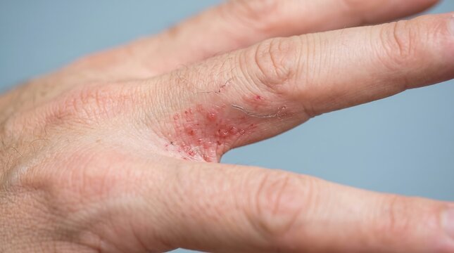 Extreme close up of dyshidrotic eczema and itchy blisters between fingers