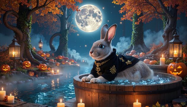 Gray rabbit dressed in ornate black and gold military jacket reclines in rustic wooden barrel filled with ice water, surrounded by glowing jack-o-lanterns