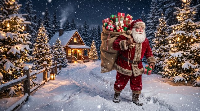 Santa claus carrying a large sack of gifts through a magical snowy forest during the christmas season