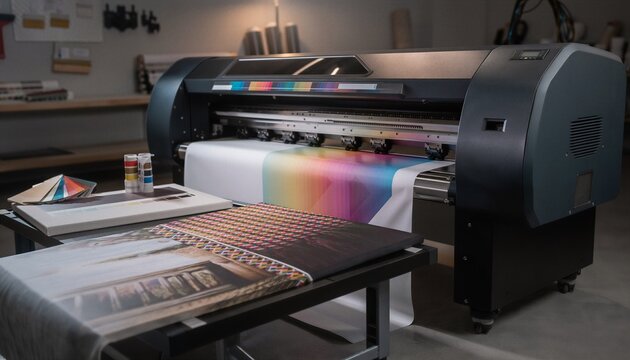 Large format inkjet printer producing vivid rainbow color gradient on white roll media in a dimly lit professional print studio