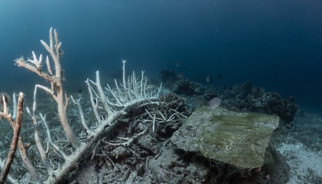 Bleached white staghorn coral colony on degraded sandy reef floor with small tropical fish swimming in deep blue ocean water