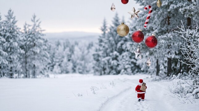 A festive christmas scene featuring santa claus walking through a beautiful snowy forest with hanging holiday ornaments