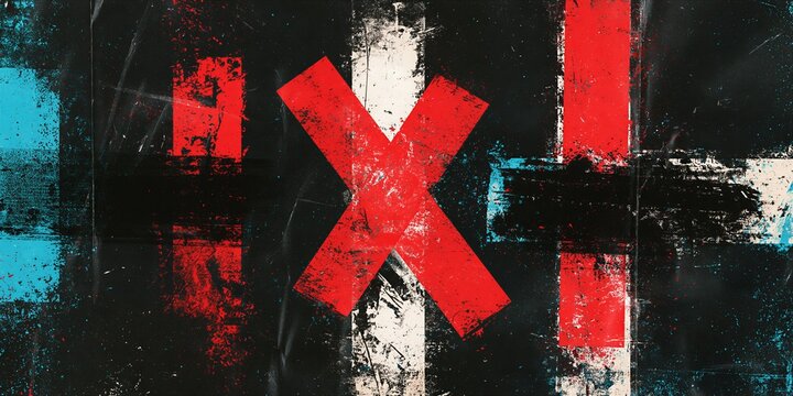 Red Grunge X Mark on Black with White and Cyan Brushstrokes