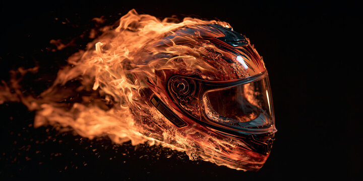 Full-face motorcycle racing helmet engulfed in dramatic orange fire and glowing embers against a pitch-black studio background