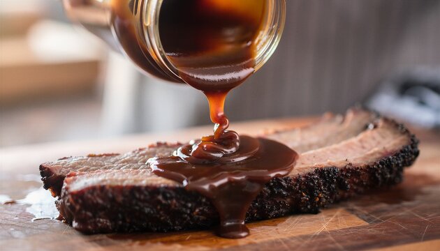 Dark BBQ Sauce Pouring from Glass Jar onto Smoked Beef Brisket Slices on Rustic Wooden Cutting Board
