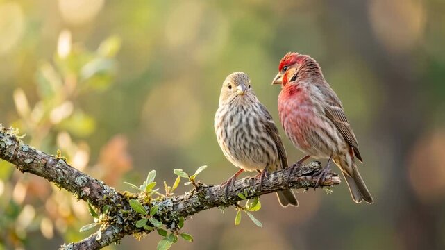 two house finches close up at morning light in california usa woodland video