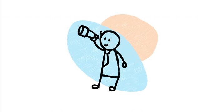 An animated hand drawn businessman looking through a monocular spyglass. Perfect for strategic foresight, long-term vision, market trend outlook, and focus.