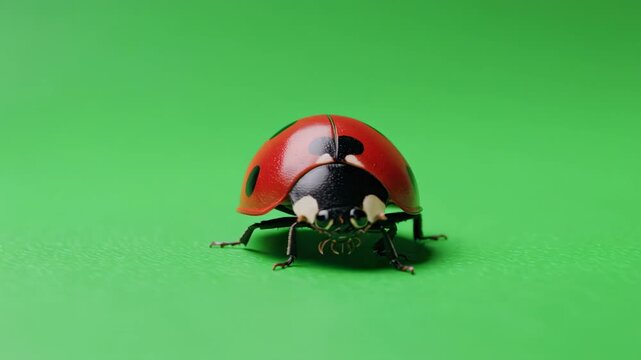 Ladybug walking across a vibrant green surface with soft shadows and shallow depth of field