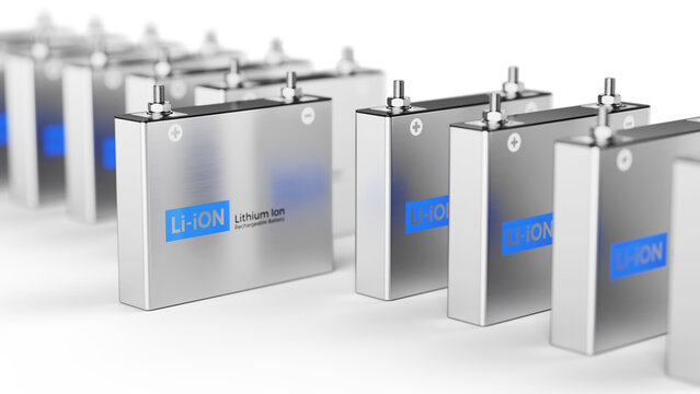 Row of lithium ion batteries isolated on white. 3d rendering
