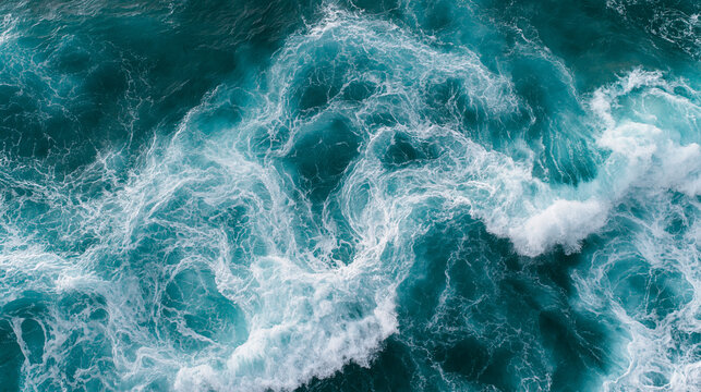 Aerial top-down view of deep turquoise ocean water, abstract natural texture of swirling waves and foamy sea currents