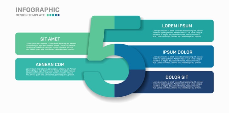Three-step horizontal banner infographic template with a large number 5, text and business icons. Vector illustration.