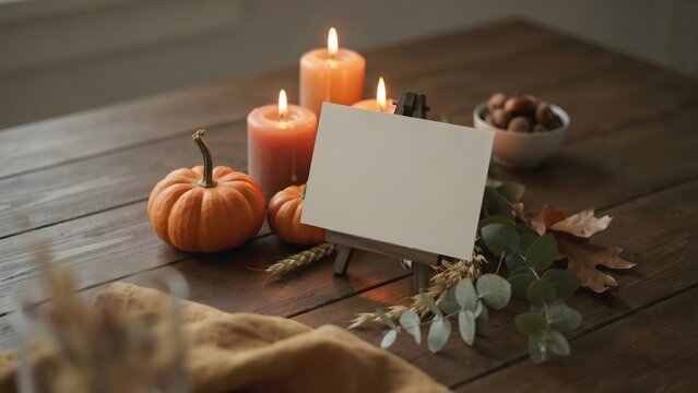 Menu card mockup on wooden easel with candles - Great for fall dining promotions, cafe menu templates, or Thanksgiving dinner stationery.