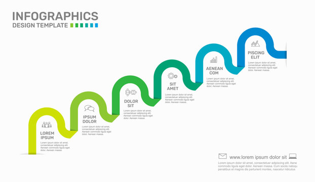Six-step infographic template featuring a winding wave line. Vector illustration.