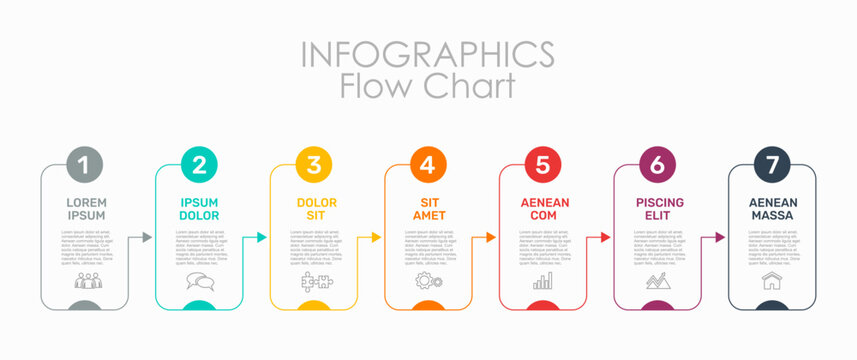 Seven-step infographic flowchart template with colorful line blocks connected by arrows and thin icons. Vector illustration.