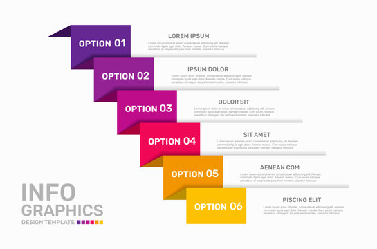Modern business infographic template featuring six numbered colorful staircase steps and text. Vector illustration.