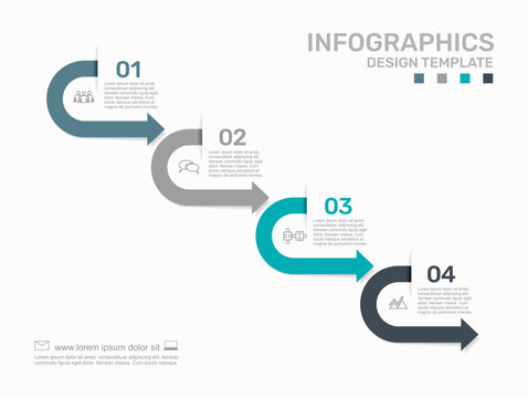 Four-step infographic template with a winding curved arrow line. Vector illustration.