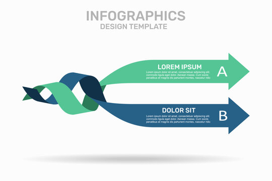 Two-step infographic design template featuring interwoven horizontal labeled arrows. Vector illustration.