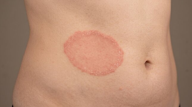 Circular red ringworm fungal infection rash on human abdomen skin