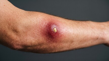 Naklejka premium Severe inflamed skin abscess boil with pus head on forearm