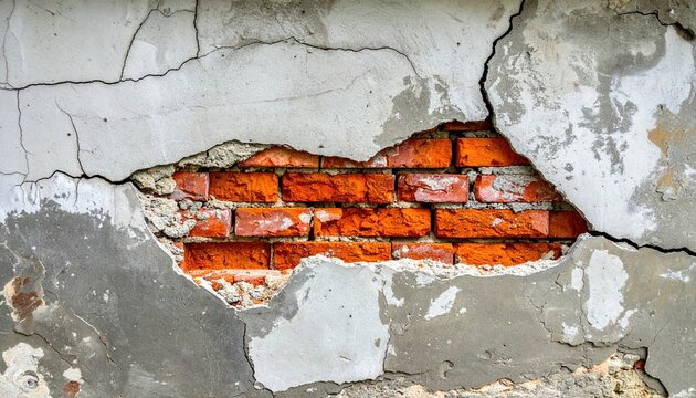 Cracked concrete wall revealing red bricks underneath, construction and urban texture concept