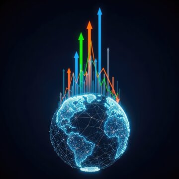 A glowing digital globe shows intricate networks of light while vibrant financial charts and arrows rise and fall over a dark background, success, statistics, light