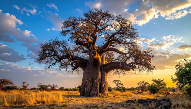Baobab tree with massive textured trunk and sparse branches, African landscape botanical element