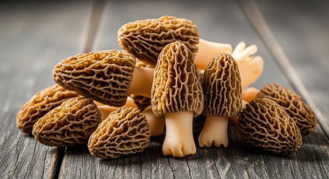 A group of fresh morel mushrooms rests on a dark weathered wooden surface, highlighting the unique honeycomb texture of these forest finds, earth, organic, morel