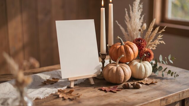 Blank card stock mockup with candles and pumpkins - Great for fall party invitation templates, Thanksgiving promo, or stationery branding.