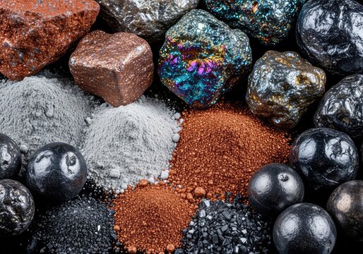 A macro view of raw mineral ores and shimmering metallic powders used for modern technology, displaying diverse textures and deep earth tones, exploration, geology, mineralogy